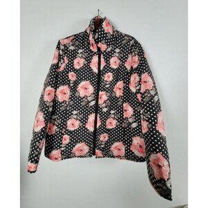 Chico’s Womens Zip Up Puffer Jacket Size 2 Black Floral Polka Dot Lightweight